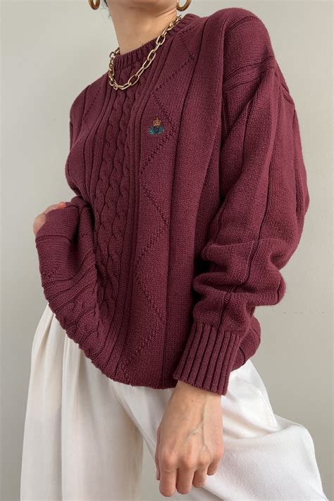 Vintage Cotton Cable Knit Sweater - Maroon | Garmentory