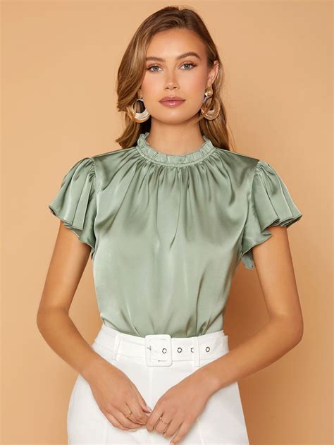 SHEIN Unity Frill Trim Keyhole Back Blouse | Womens tops dressy, Short ...