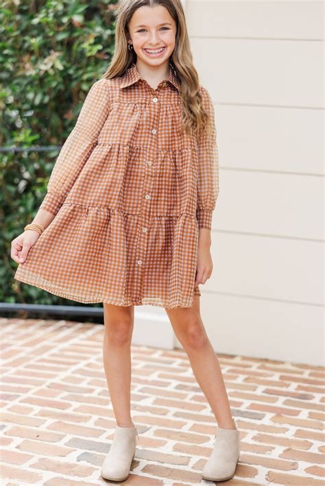 Girls: Take The Leap Butterscotch Brown Plaid Dress - Shop the Mint