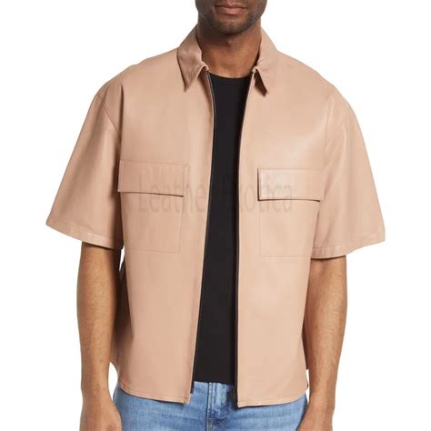 Dark Beige Zipper Front Men Leather Shirt Jacket