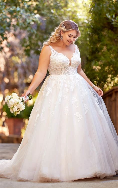 Plus Size Lace and Tulle A-Line Gown with Scoop Back - Essense of Australia Wedding Dresses