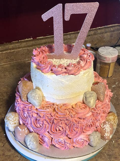 17th Birthday Cake with Pink Frosting and Number 17 Decoration