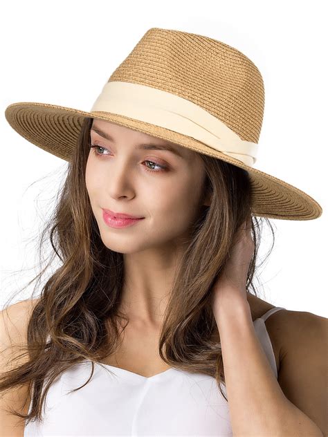 Panama Hat Sun Hats for Women Men Wide Brim Fedora Straw Beach Hat UV ...