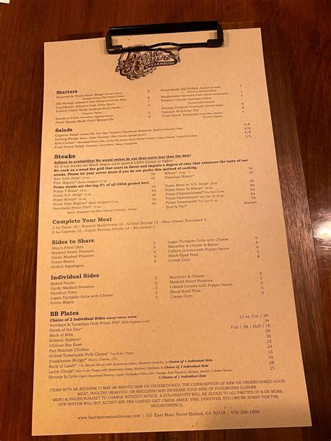 Menu at Bare Bones Steakhouse, Buford