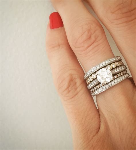 Ring stack. Engagement ring and wedding bands. Stackable rings. Mixed ...