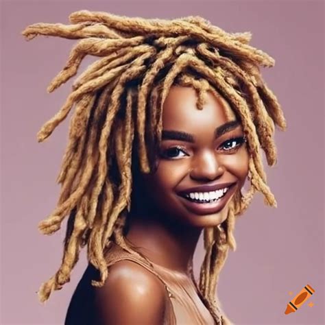 Brown skin woman with honey blonde dreadlocks smiling on Craiyon