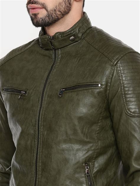 Men Olive Green Solid Biker Jacket | QAWACH – Qawach Leather