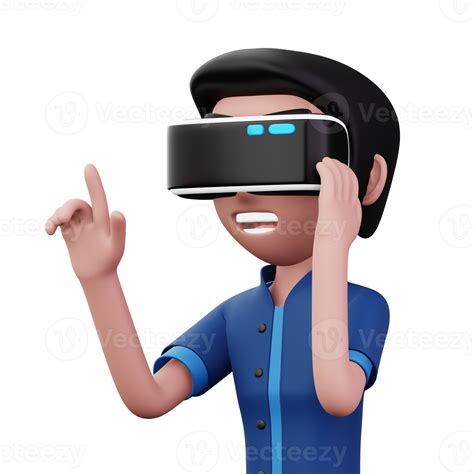 Happy man using virtual reality headset, Cute cartoon character with VR ...