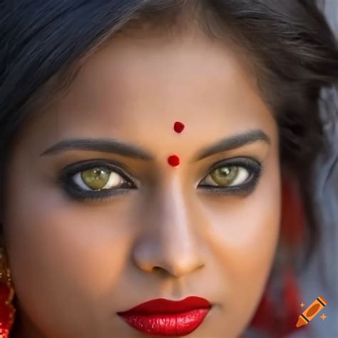 Portrait of a stunning Indian woman with green eyes and red lipstick on ...
