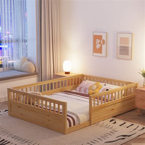 Furvclv Twin/ Full Size Floor Bed Frame For Baby Boys Girls Teens, Wood ...