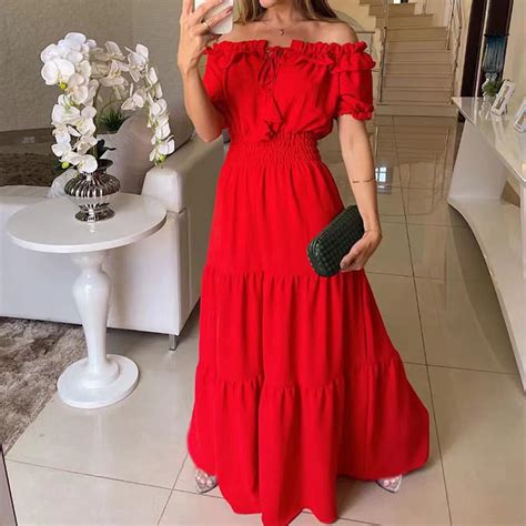 Fashion Solid Color Ruffled Off Shoulder Puff Sleeve Maxi Dress For ...