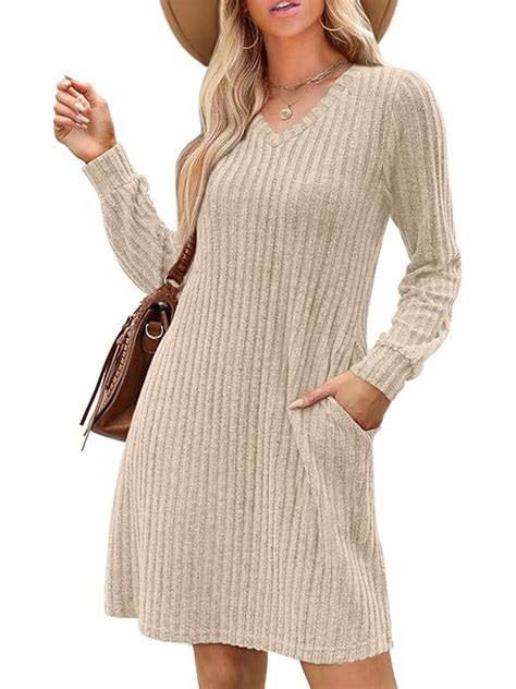 SIEANE Womens Long Sleeve Sweater Dresses V Neck Casual Fall Dresses ...