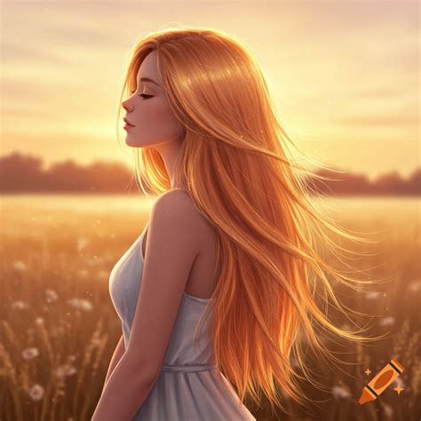 A woman with long, flowing golden-red hair stands in a sunlit field ...
