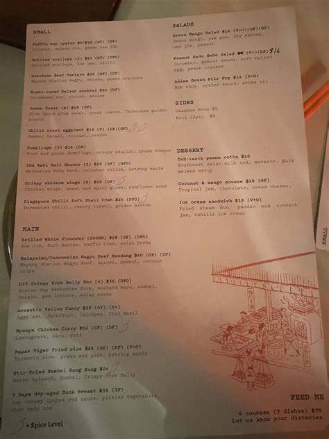 Menu at Paper Tiger restaurant, Adelaide
