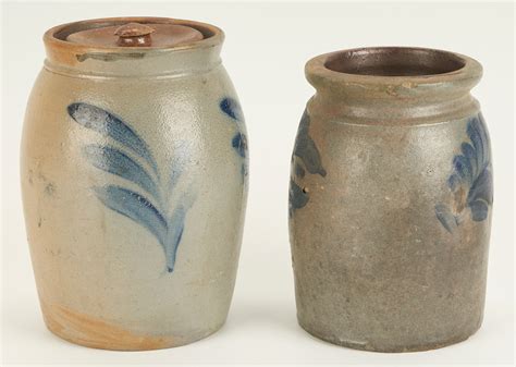 Lot 939: 2 Cobalt Decorated Stoneware 1-Gallon Jars, Poss. Mid-Atlantic ...