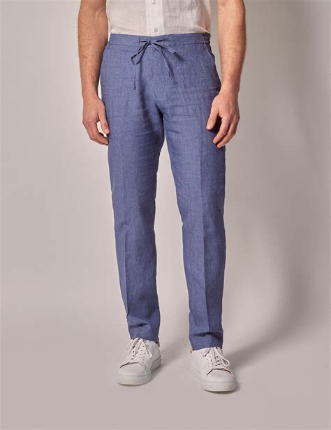 Men's Mid Blue Linen Drawstring Trousers | Hawes and Curtis