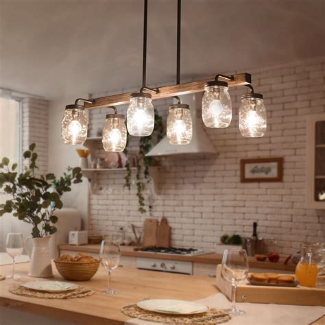 Modern Farmhouse 6-Light Glass Chandelier Faux Wood Islands Bar Lights ...
