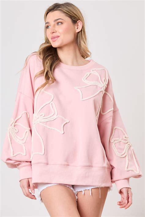 Peach Love RIBBON BOW Sweatshirt in Dusty Pink - June Adel