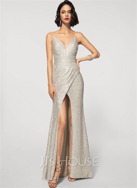 Sheath/Column V-neck Floor-Length Sequined Evening Dress With Split ...