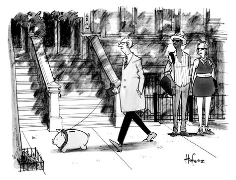 Two men speak across a counter, while an enormous chicken looms behind them.