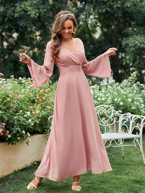 Trumpet Sleeve Chiffon Maxi Bridesmaid Dress | Dusty pink bridesmaid ...