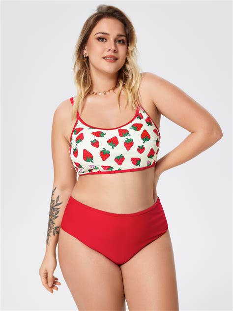 Cute Strawberry Print Tummy Control Bikini Set Curve & Plus - Cider