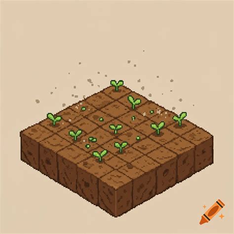 A pixel art isometric view of a brown dirt patch with small green ...