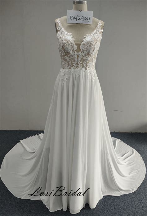 23001 Deep V Neckline Illusion Wedding Dress with 72 Train A-Line Chiffon Skirt Ivory-Nude ...