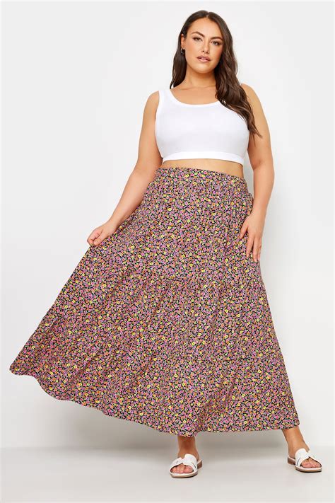 YOURS Plus Size Pink Floral Print Tiered Maxi Skirt | Yours Clothing