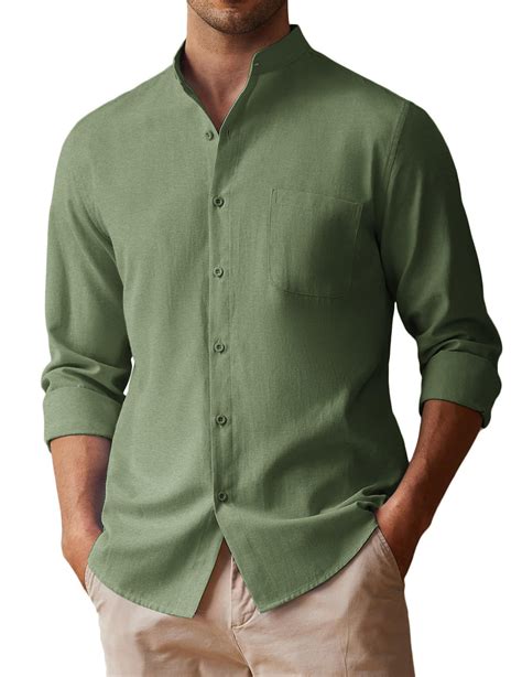 COOFANDY Men's Long Sleeve Linen Shirt Band Collar Button Down Shirts ...