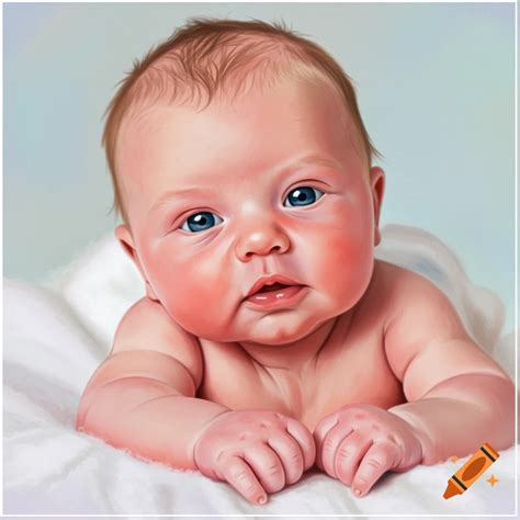 A baby with rosy cheeks and blue eyes lying on a white blanket. on Craiyon