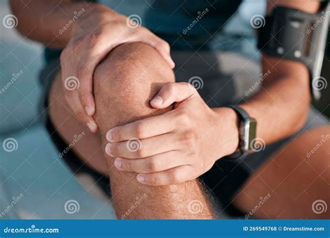 Man, Knee Pain and Closeup for Training Outdoor, Exercise and Fitness for Muscle Development ...
