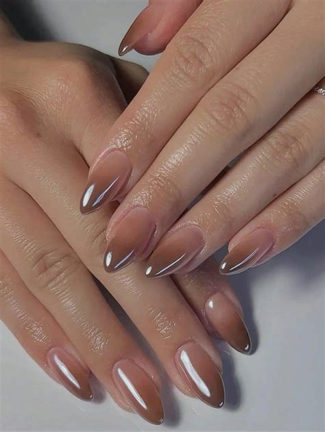 30pcs/Set Long Almond-Shaped Nails In Simple Yet Intellectual Style, With Shades Of Nude & Brown ...