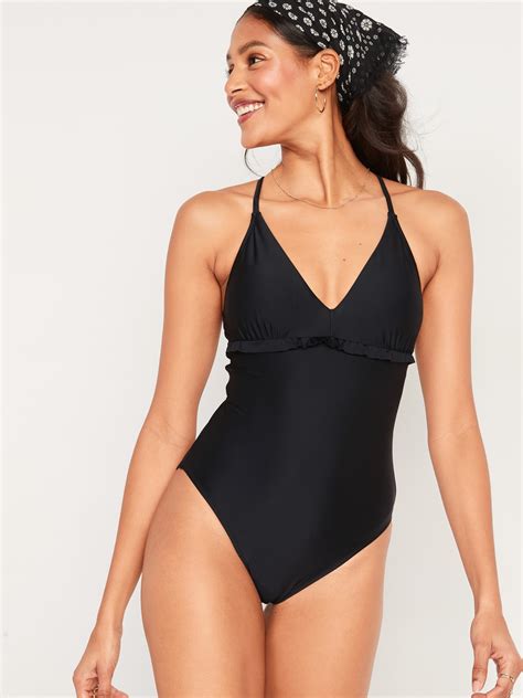 Old Navy - V-Neck Ruffle-Trim Cutout One-Piece Swimsuit for Women black