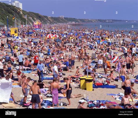 Crowded beach in summer, Bournemouth, Dorset, England, United Kingdom ...
