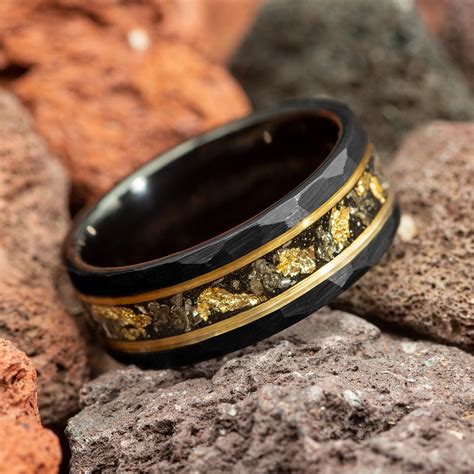 Hammered Gold Leaf and Meteorite Mens Ring, Black Hammered Mens Wedding ...