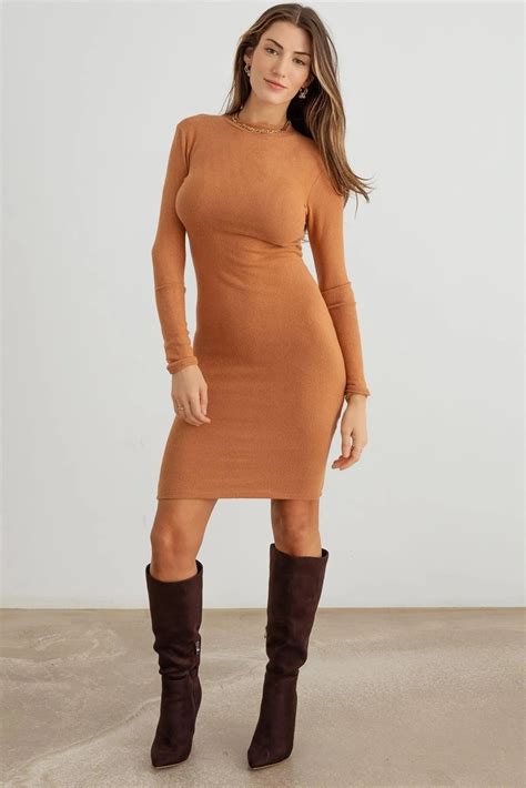 Wholesale Knit Crew Neck Long Sleeve Stretchy Midi Dress