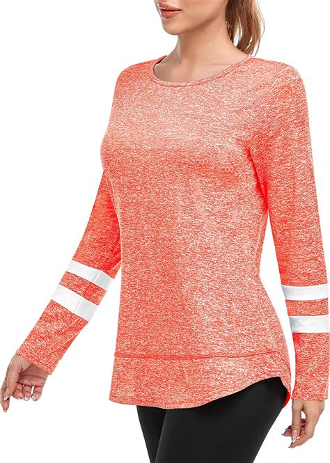 Women's Long Sleeve Workout Shirts Stripe Crew Neck Dry Fit Tops Sports ...