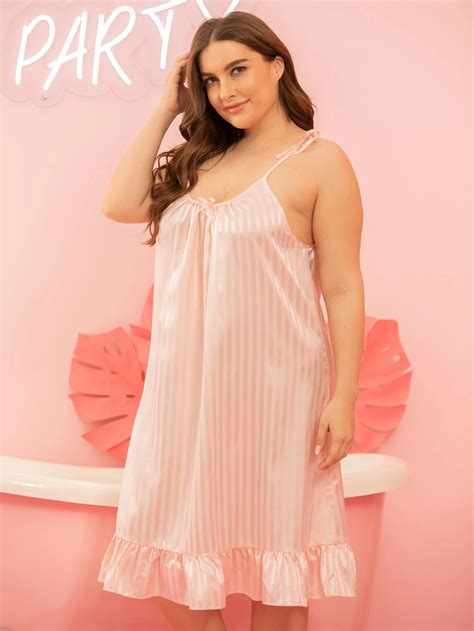 Wholesale Striped Ruffled Hem V Neck Nightgown Pink Plus Size Women ...