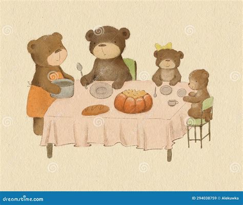 A Family of Bears Sit at the Table and Have Dinner Stock Illustration ...