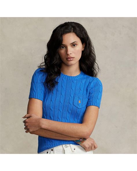 Polo Ralph Lauren Cable-knit Cotton Short-sleeve Sweater in Blue | Lyst