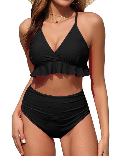 Tempt Me Women Solid Black Two Piece Swimsuits High Waisted Bikini Set ...