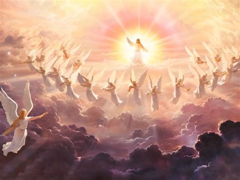 painting of angels flying in the sky with a sun shining behind them ...