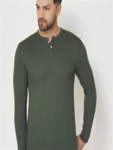 Buy Blackberrys Men Olive Green Henley Neck Pockets Slim Fit T Shirt ...