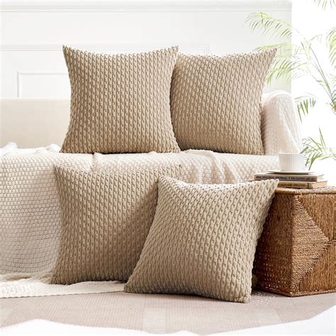 MIULEE Pack of 4 Tan Throw Pillow Covers 18x18 Inch Soft Corduroy ...