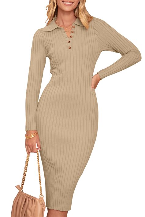 MEROKEETY Womens 2024 V Neck Ribbed Sweater Dress Long Sleeve Bodycon ...