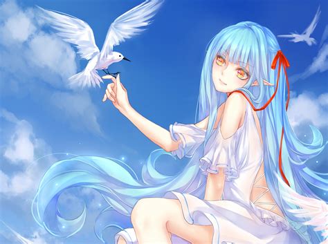 Blue-Haired Anime Girl with Yellow Eyes and Pigeon HD Wallpaper