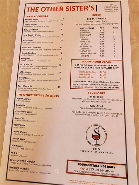 Menu at The Other Sister’s Wine Bar, Hilton Head Island