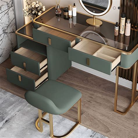 Glass Top Dressing Table Solid Wood Green Make-up Vanity with Drawers ...