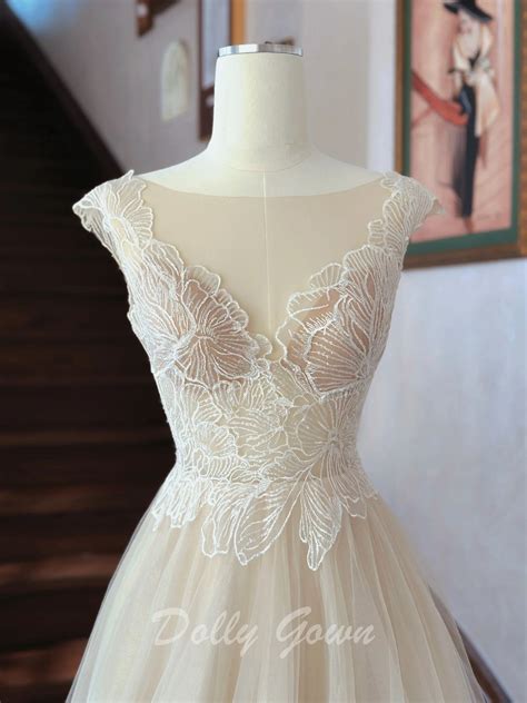 Fairy Illusion Lace Top A-line Sheer Flowy Champagne Wedding Dress
